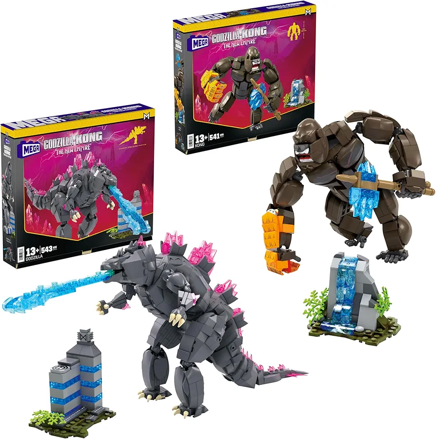 Bundle of Mega Godzilla x Kong: The New Empire Building Set, Godzilla Action Figure with 543 Pieces and Accessories + Godzilla x Kong: New Empire Set Kong Action Figure with 541 Pieces and Accessories