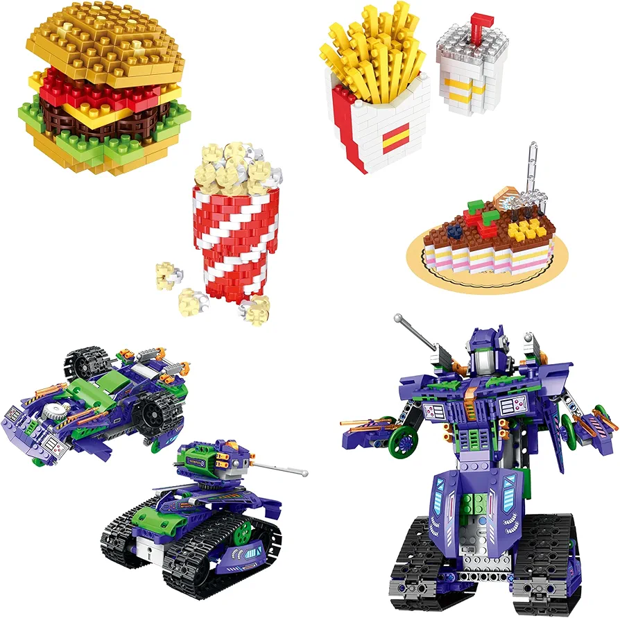 Mini Building Blocks Set Toy City Fast Food & Programmable Assembly Set 3-in-1 Construction Robot, 2.4GHz Rechargeable Remote Control App Science Learning Toy, Micro Mini Building Brick Set, Suitable