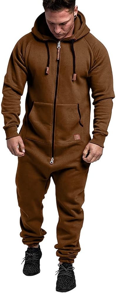 WUAI Onesie Men's Hooded Jumpsuit Zip Up One Piece Pajamas Playsuit Jogger Sweatsuit Overall Romper