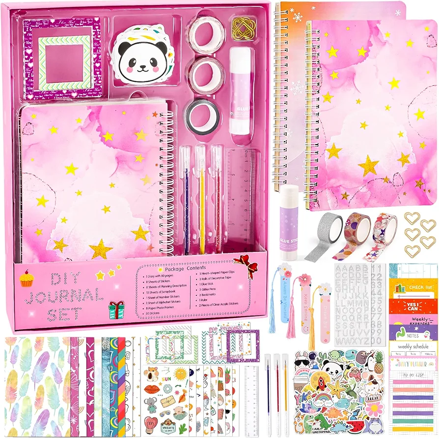 TUZT 2-Pack DIY Journal Kit for Girls, Notebook & Diary Supplies Set with Scrapbook Papers & Stickers, Teenage Kids Art Crafts Kit Toys, Cool Birthday Gifts for Tween Girls Age 6 7 8 9 10 11 12