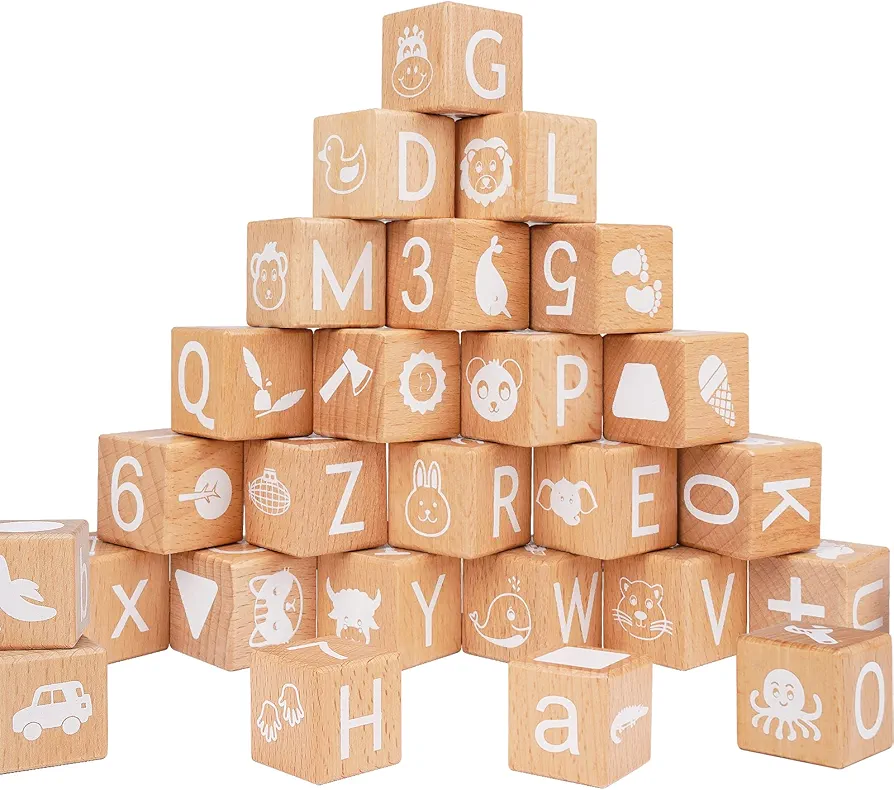 Alphabet Letters Stacking Blocks, 26 Wooden ABC Building Blocks for Toddlers, Number, Animals Icons on Every Side, Preschool Learning Educational Toys Montessori Sensory Toys for Kids