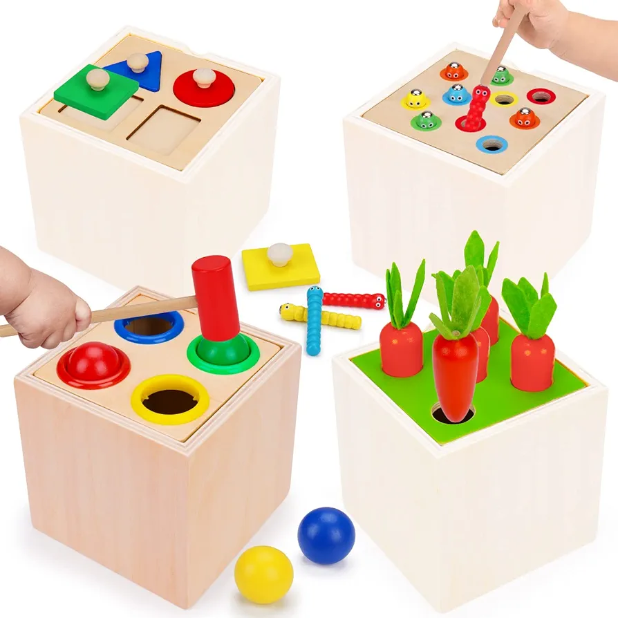 4 in 1 Wooden block Shape Sorter Montessori Toys for Toddler 1 2 3 Year Old Carrot pulling Harvest Catch Insect game Early Development Fine Motor Skills for Boy Girl 7 9 12 18 Birthday Easter Gifts