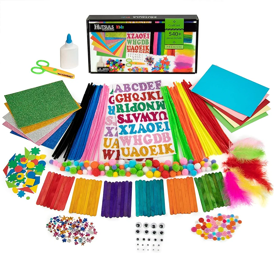 Hutsuls Kids Arts and Crafts Supplies - Toddler Craft Supplies & Materials - Preschool Craft Kits for Kids Ages 5-7 - Ultimate Crafting Kit for Children, Girls, Boys - Pipe Cleaners, PomPoms, Stickers