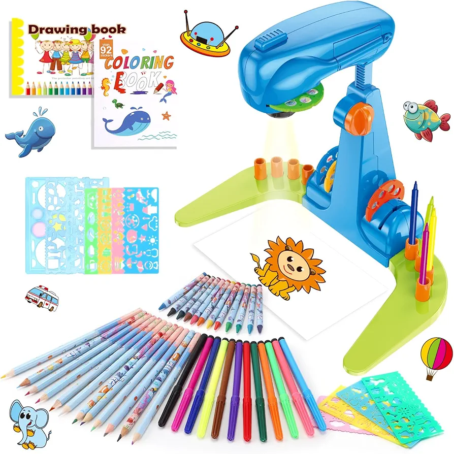 Kids Drawing Projector, Art and Craft Kit, Toys for Boys Aged 3+, Including Colored Pencils, Crayons, Coloring Books, Drawing Stencil etc, Gift for 3+ Year Old Boys (Sea Animal Drawing Kit)