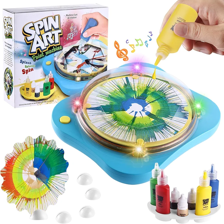 Paint Spin Art Machine Kit for Kids Stress Reducing Toys for Blue Arts and Crafts Set Gifts with Light & Music for Boys & Girls Ages 4 5 6 8 9 10 12 Flexible Splatter Guard,Easy to Wash