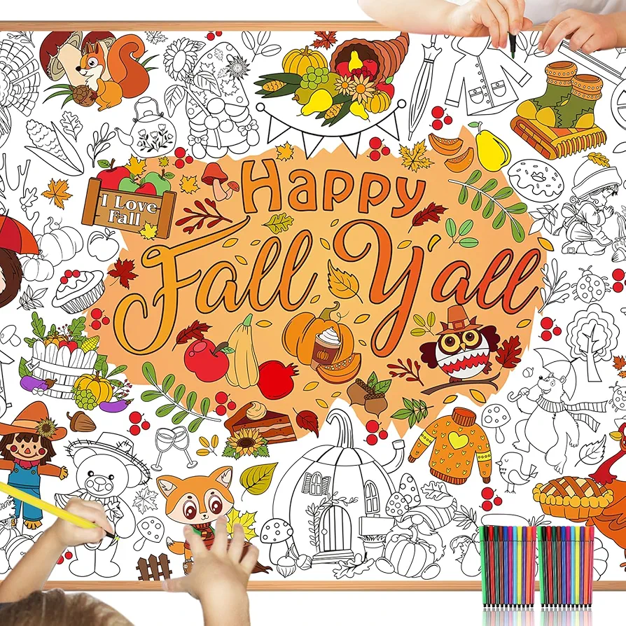 HOWAF Giant Happy Fall Y’all Coloring Poster with 24pcs (24 Colors) Paint Pens, Jumbo Hello Autumn Coloring Banner for Kids Fall Party Game Activities Supplies, Large Hello Fall Coloring Table Cover