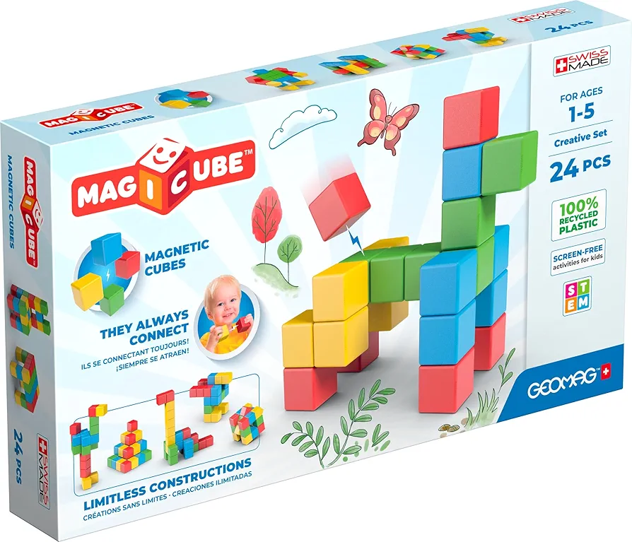 Geomag MagiCube 24-pc Magnetic Blocks Set for Toddlers & Kids Ages 1-5 | Swiss-Made STEM Educational Toy Made from 100% Recycled Plastic | Creative Early Learning Play