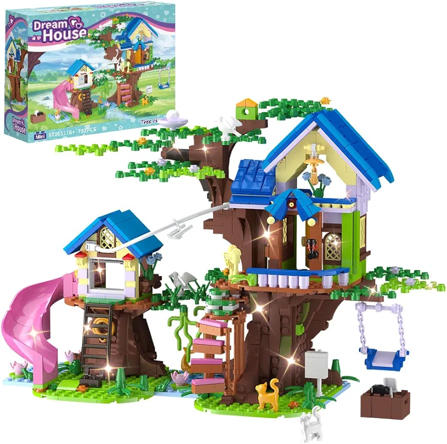 Tree Building Set with LED, 792pcs Mini Blicks Building Block Set Toy with Swing,Slide