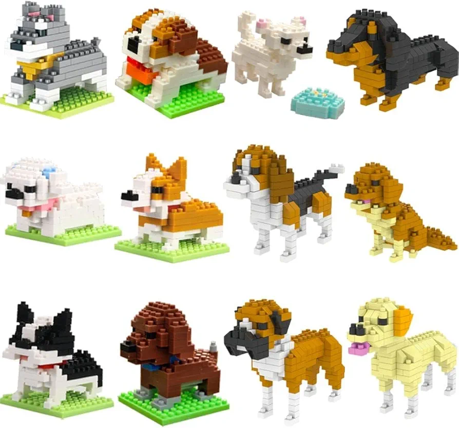 12 Packs Mini Animals Dog Building Blocks Sets Toys Party Favors for Kids,STEM Educational Brick Kits,Goodie Bags, Classroom Prizes, Birthday Valentines Easter Gifts for Kids Boys Girls