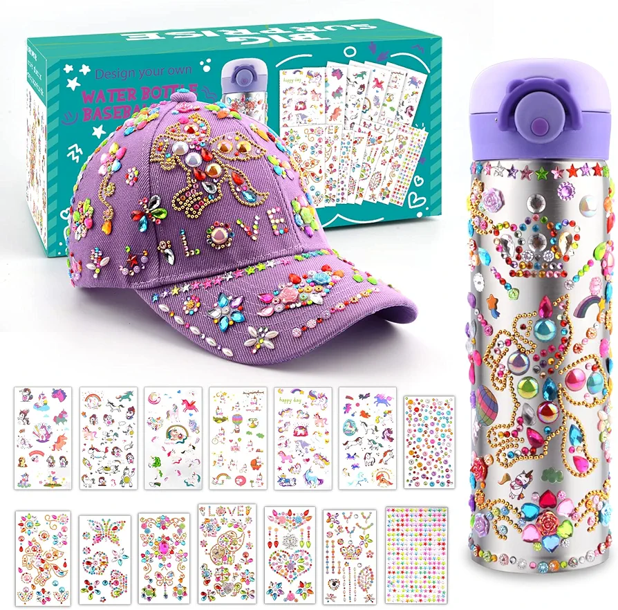 Gifts for Girls-Decorate Your Own Water Bottle Baseball Cap with Cute Stickers, Birthday Gifts for Girls & Toys for Kids Aged 4 5 6 7 8 9+, DIY Art & Crafts for Girls, Back to School Supplies