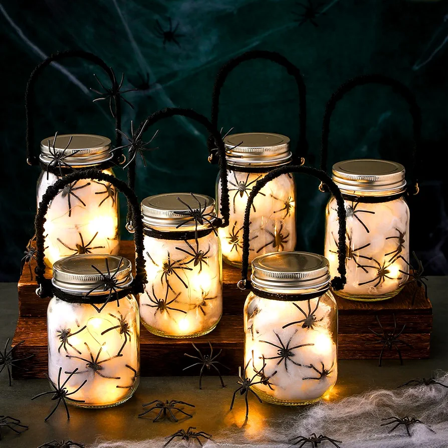 Teenyyou 6 Set Halloween DIY Lantern Jar Craft Kit Decor for Girls and Boys Glass Jar with Spider Webs Fake Spiders and LED String Lights for Halloween Party Supplies Gifts Art Activities