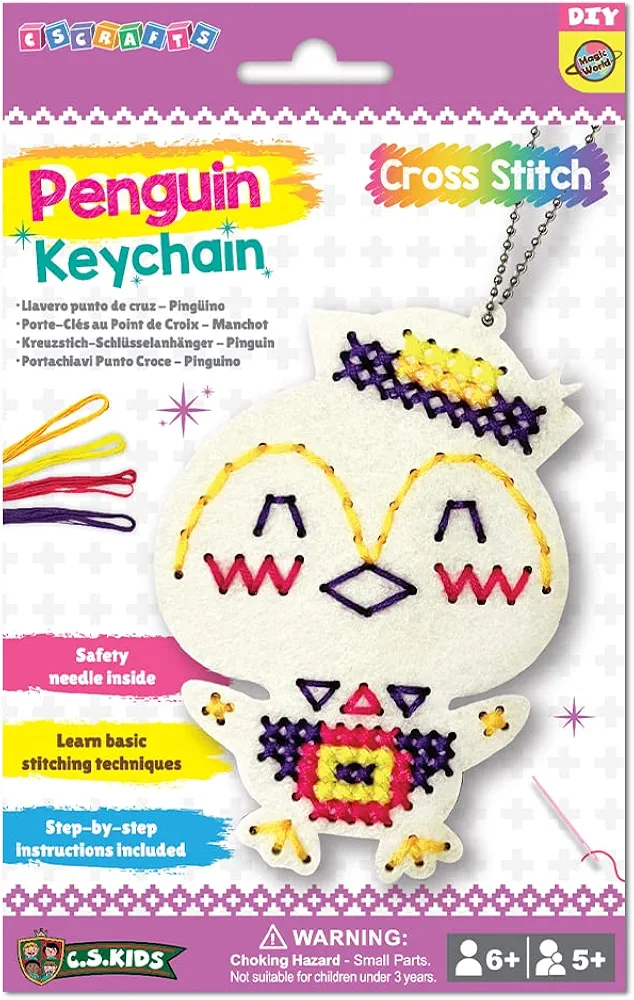 C.S. Kids KC12 My Penguin Keychain, First Sewing Arts & Crafts Gifts -Crafting Keychain | Educational DIY Cross-stitch for Kids