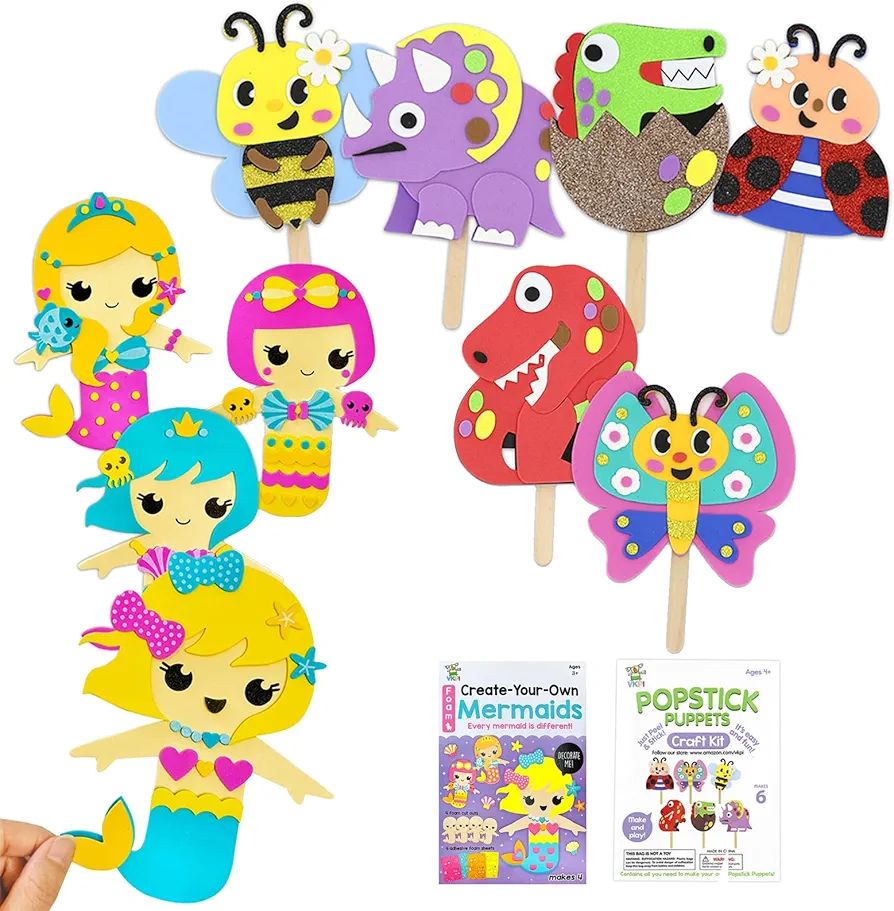 VKPI Foam Craft Bundle Popstick Puppets Craft, Creative Make Your Own Mermaids, Insects, Dinosaurs, EVA Foam Art Crafts Gift Paper Craft Projects