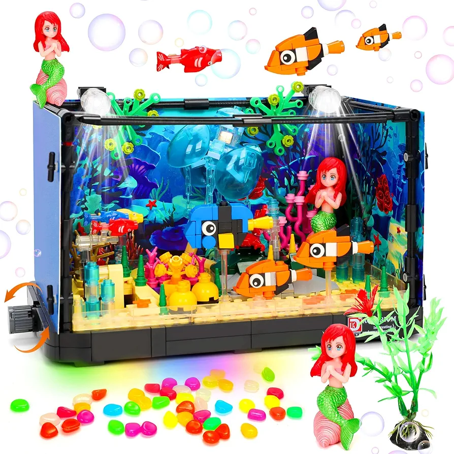 Fish Tank Building Block Set with 3 LED Light - 725PCS Aquarium Building Toys with Cute Mermaid Figure, Rotatable Jellyfish, Crab, Fish, Marine Plants, Ocean Creative Gifts for Kids Adults