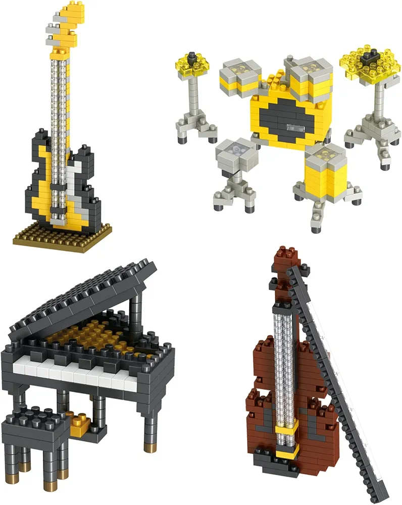 Mini Music Building Blocks Musical Instruments Sets Toys 4 Packs for Party Favors for Kids, Micro Mini Blocks Bricks Kit Electric Bass,Drum Kit,Violin,Grand Piano Goodie Bags,Prizes,Birthday Gifts