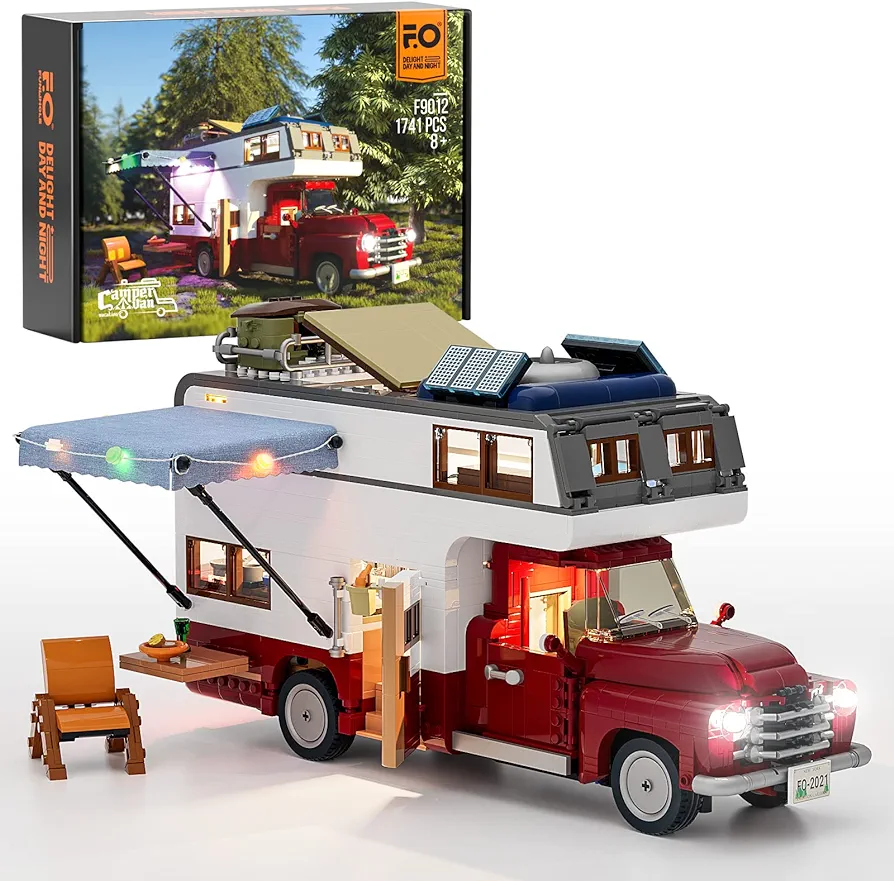 FUNWHOLE Lighting Camper-Van Building Set - Camper Vehicles Construction Building Bricks Set with LED Lighting Kit 1741 PCS for Teens and Adults