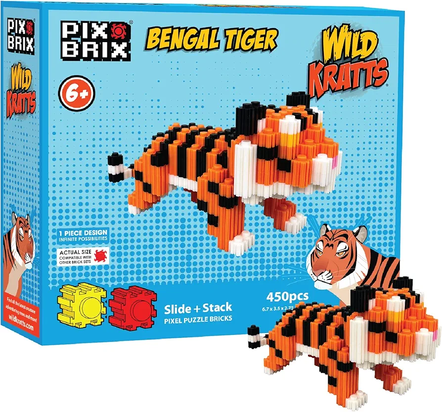 Pix Brix - Wild Kratts Pixel Art Kit - Bengal Tiger, 450 Pieces - Patented Slide + Stack Pixel Puzzle Building Bricks, Build & Collect Wild Kratts Animals - Stem Toys, Ages 6 Plus