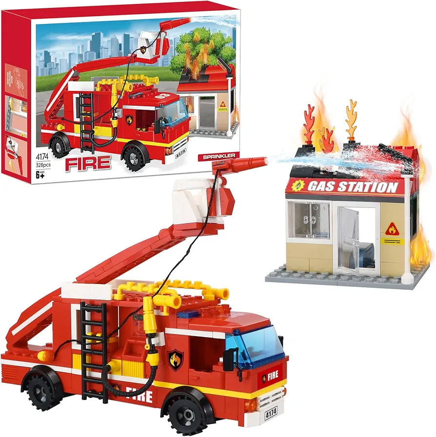 City Fire Rescue Sprinkler with a Gas Station Firefighter Building Set - STEM Firefighting Truck Model & Creative Gift for Kids 6-12, 328 Pieces