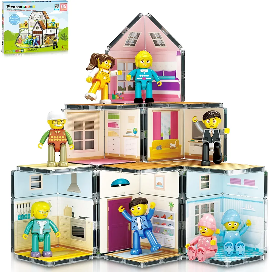 PicassoTiles Magnet Tile Building Block Family Homestead Doll House Theme Playset 8 Character Action Figures Double Sided Magnetic Tiles Printing STEM Education Learning Kit Toy Set Kids Ages 3+ PTQ06