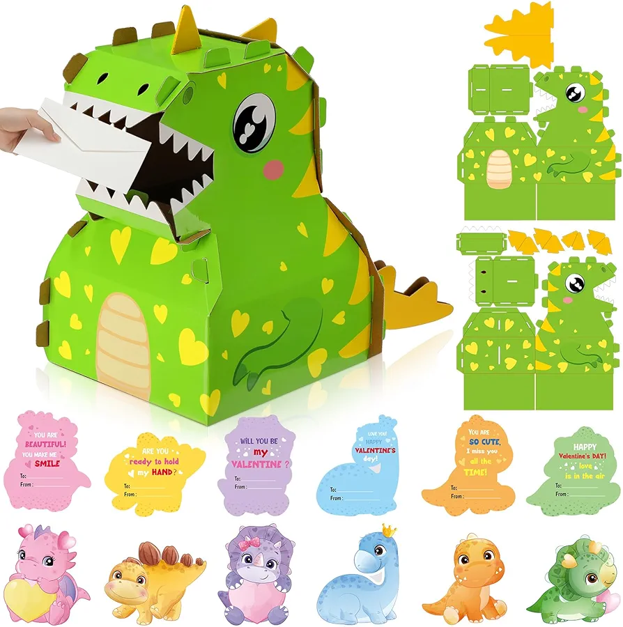 Sayglossy DIY Valentine Dinosaur Mailbox Craft Novelty Valentine's Day Card Box Set with 36 Pcs Dinosaur Cards for Girls Boys Exchange Dinosaur Mailbox Kit for Holiday Party Supplies Favor