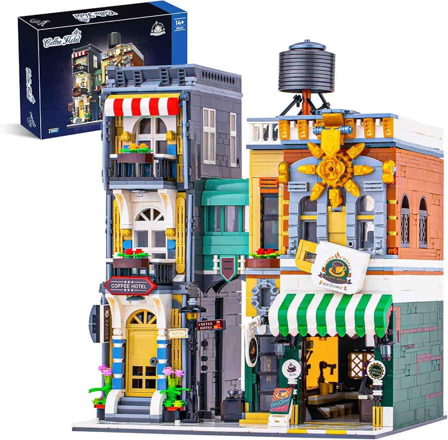 Coffee House Building Blocks Set Mini Blocks Cafe House Architecture with LED Light,3036 PCS House Modular Building Model Kit Three-Story City Building Toys Sets for Kids, Teens and Adults