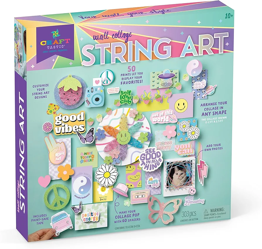 Craft-Tastic - Wall Collage String Art - DIY Custom Room Décor Craft Kit - Decorative Prints Paint-Safe Tape - for Tweens and Teens Ages 10 and Up