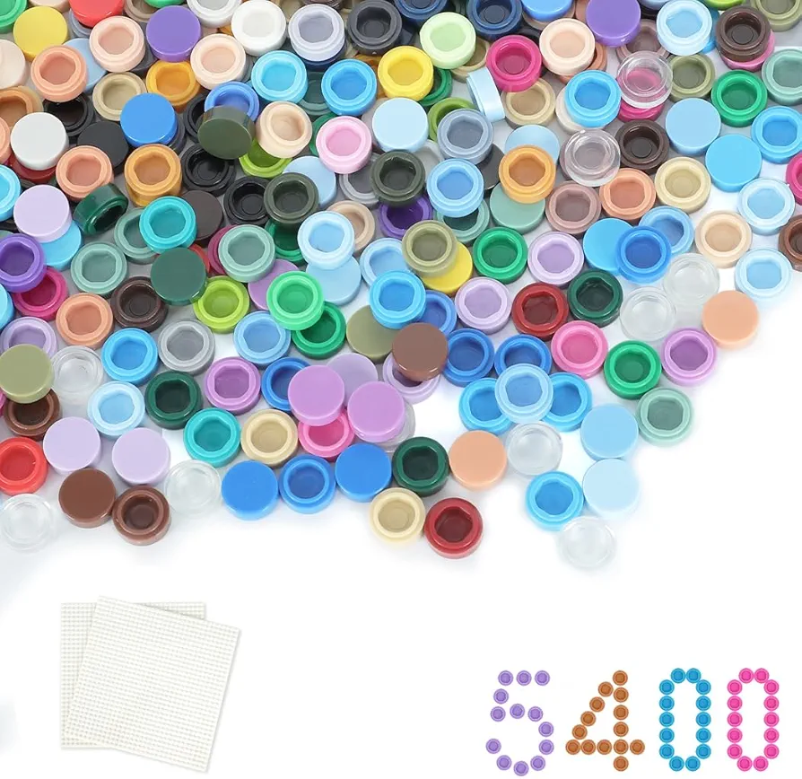 5400PCS Pixel Bricks, 1X1 Round Plates - 54 Colors Building Blocks Parts and Pieces with 2 Pack 10”x10” White Peel-and-Stick Building Baseplates - Pixel Arts Dots Bulk Studs Accessories Kit