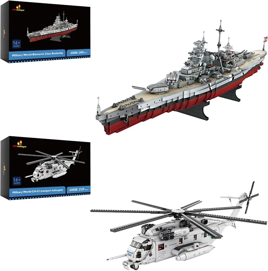 JMBricklayer Battleship Building Block Set 60006 & CH-53 Helicopter Building Set 60008, Military Toys Collectible Display Sets for Adults, Army Toy Gifts for Boys Girls