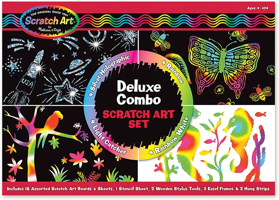 Melissa & Doug Deluxe Combo Scratch Art Set: 16 Boards, 2 Stylus Tools, 3 Frames - FSC Certified