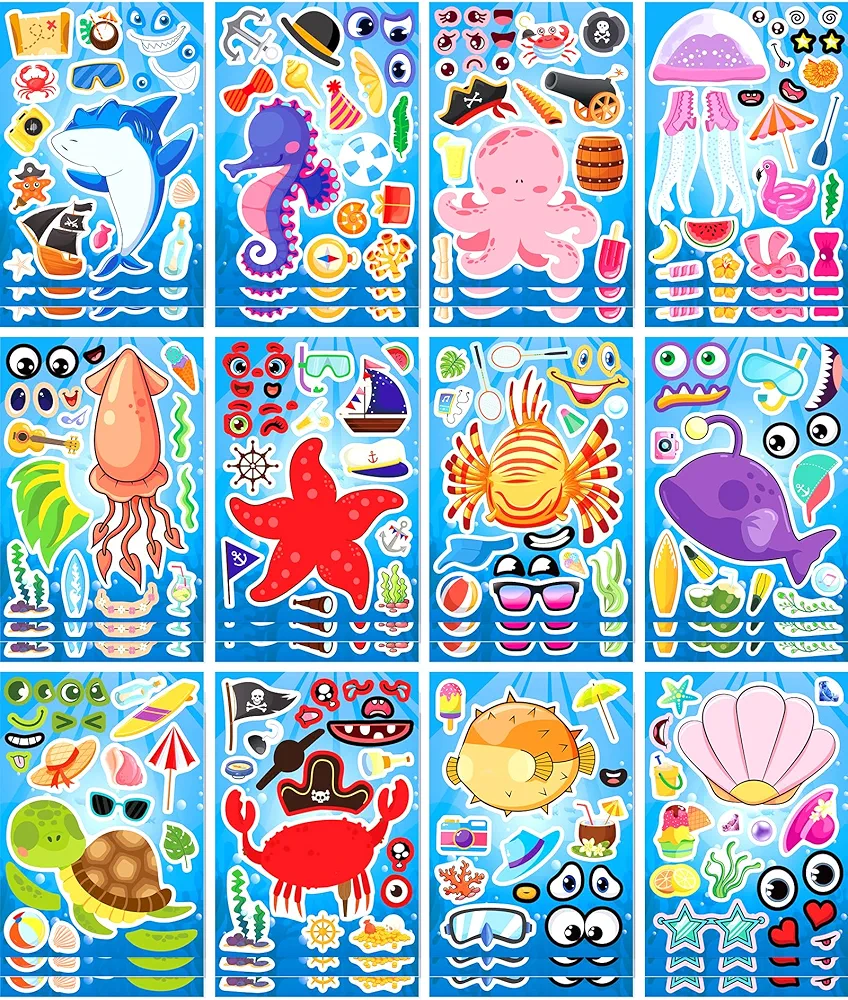 24Sheets Ocean Animals Reusable Make Your Own Stickers, Ocean Animals DIY Art Craft Rewards School Kid Summer Sticker for Birthday Party Favor Supplies