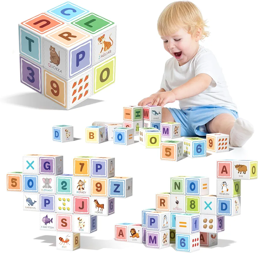 ABC 123 Building Blocks for Toddler, Magnetic Cube Sensory Toys, Preschool Learning Alphabet & Number & Animals & Math & Counting & Letter Recognition, Education Toy for Kids Age 1-3 3-5