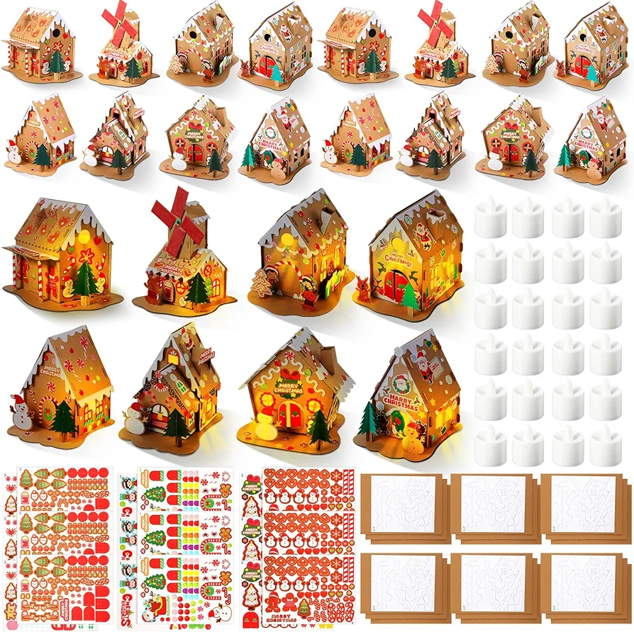 Yunsailing 24 Set Christmas Craft Kit Christmas Gingerbread House Kit Xmas Craft House with LED Lights Make a Gingerbread House Craft 3D Christmas Crafts for Boy Girl Xmas Party Game Craft Supplies