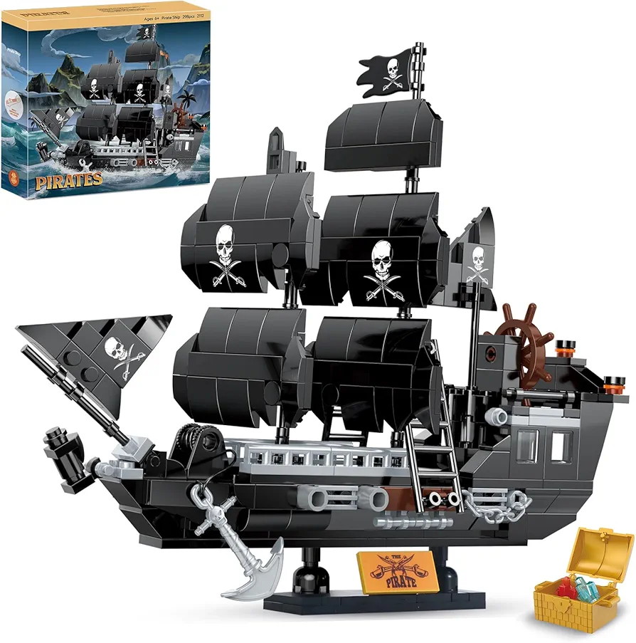 BRICK STORY Pirate Ship Building Sets Pirates Model Kits 298 Pieces Creative Black Ships Building Blocks Toys Gift for Boys Ages 6+, Pirate Themed Boat Collection Toy for Kids & Adult