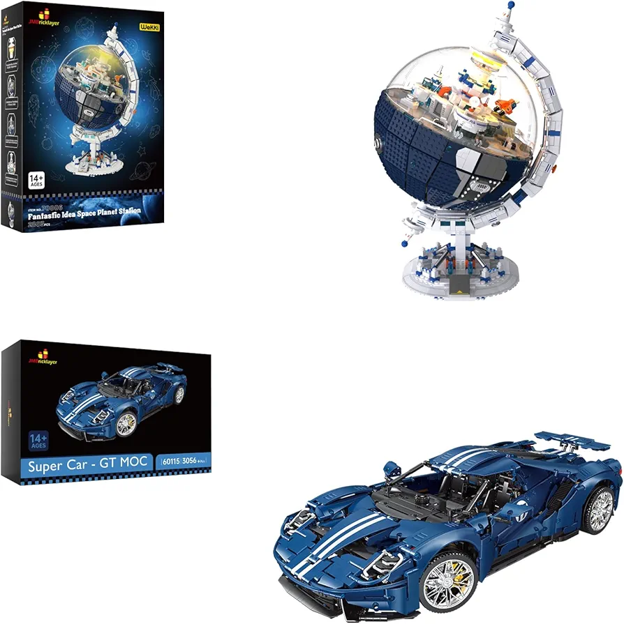 JMBricklayer Space Star Earth Building Block Kit with Lights 70006 & Classic Blue Supercars 1:8 Model MOC Toy Building Sets 60115