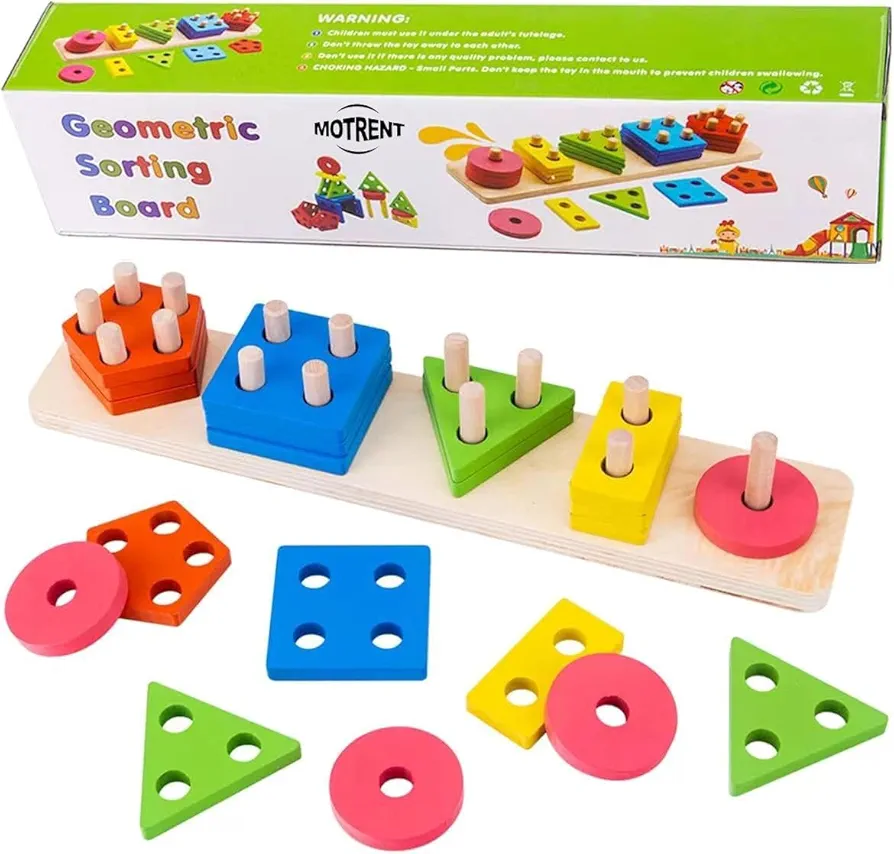 Montessori Toys for 1 2 3 Year Old Boys Girls, Wooden Shape Sorter Toy for Toddlers 1-3, Educational Geometric Sorting Stacking Color Recognition Stack Sort Board Puzzles Toys Gifts for Kids