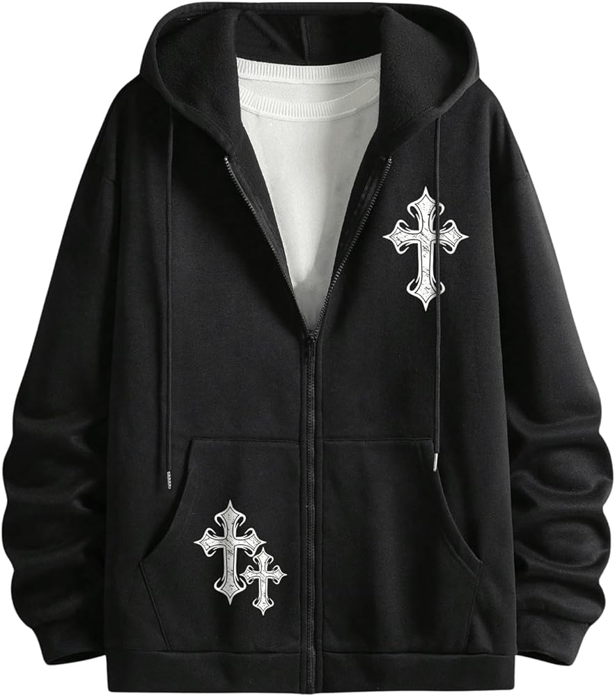 Verdusa Men's Drawstring Hooded Full Zip Sweatshirt Casual Graphic Print Hoodie Top