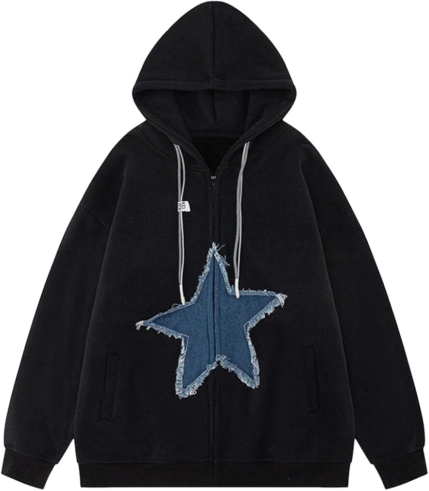 Aelfric Eden Starlight Denim Patchwork Hoodie Men's Casual Oversized Hoodies Zipper Sweatshirt