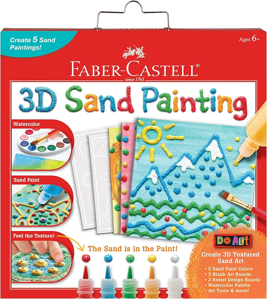 Faber-Castell 3D Sand Painting Kit for Kids: Create 5 Sand Art Pictures, DIY Arts and Crafts for Kids Ages 6-8+, Art Projects and Gifts for Girls and Boys, Red, Yellow, Green, Blue and White