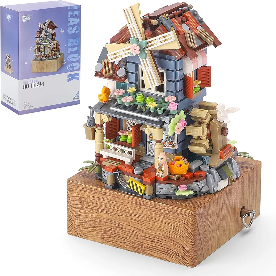 Windmill Building Toy Windmill House Music Box Building Blocks Set Flowers Windmill House for Best Gift Adults and Kids Anniversary Birthday