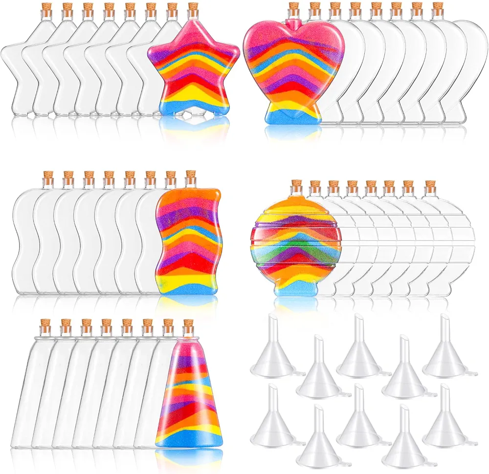 Liliful 40 Pcs Sand Art Bottles for Kids, Sand Art Plastic Crafts Kit Bulk Arts Crafts Kit, Include Clear Sand Art Bottles with Funnel for Boys Girls DIY Sand Arts Crafts Party (Cork Stopper Style)