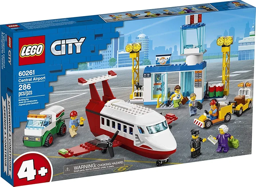 LEGO City Central Airport 60261 Building Toy, with Passenger Charter Plane, Airport Building, Fuel Tanker, Baggage Truck, Cargo and 6 Minifigures, Great Gift for Kids (286 Pieces)