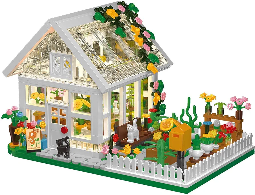 Flower House Building Mini Set with LED, City Street View Greenhouse Building Blocks Toy, Halloween Xmas Gift for Friends or Girls 8-12 Year