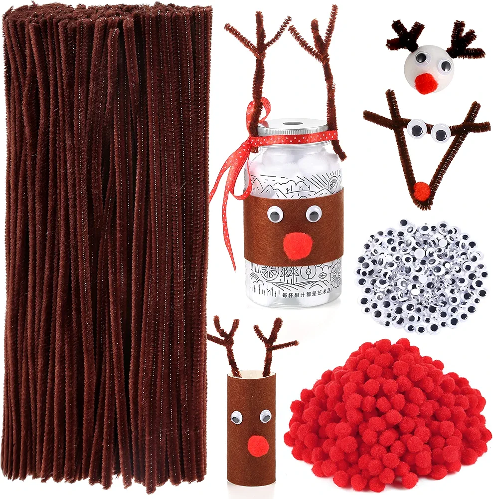 Caydo 400 Pieces Christmas Pipe Cleaners Sets Include 100Pcs Brown Craft Chenille Stems, 200Pcs Red Pompoms and 100Pcs Wiggle Eyes for Craft and Art DIY Decoration