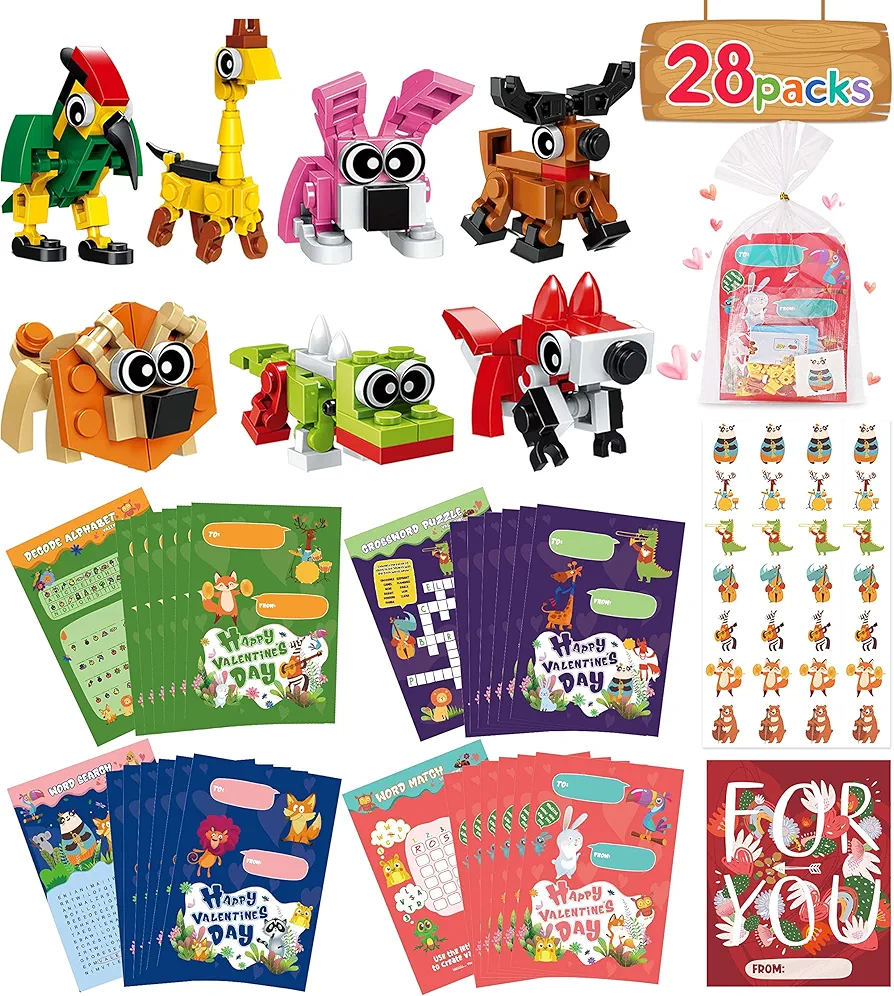 Valentines Day Gifts for Kids Classroom-28 Packs Animal Building Blocks with Kids Valentines Day Cards for School & Stickers, Class Valentines Gifts Boxes for Kids Boys Girls Party Favors Exchange