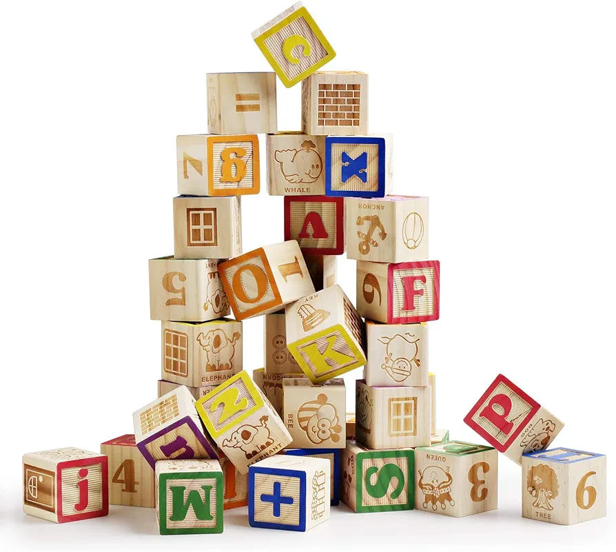 SainSmart Jr. Wooden ABC Blocks 40PCS Stacking Blocks Baby Alphabet Letters, Counting, Building Block Set for Toddlers 1.2 Inch