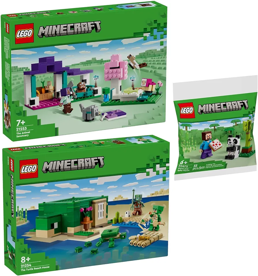 Lego Minecraft Set: 21254 The Turtle Beach House, 21253 The Animal Shelter & 30672 Steve with Baby Panda