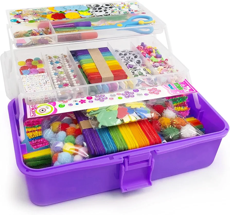 4U4EVER 3000 Kid's Arts and Crafts Supplies Girls' Ultimate Arts and Crafts Supplies Set Portable 3-Layer Plastic Art Box （Dark Purple）