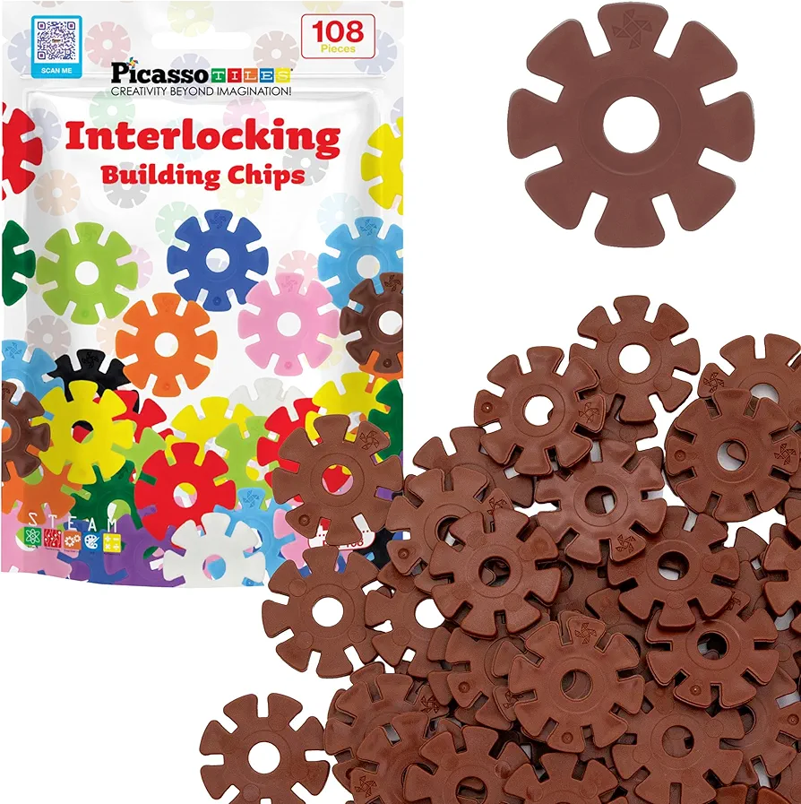 PicassoTiles Building Chip Interlocking Disc Construction Blocks in Brown Color STEM Learning Early Education Toy Engineering Playset Child Brain Development for Toddlers Girls Boys Kids Age 3+ PTF108