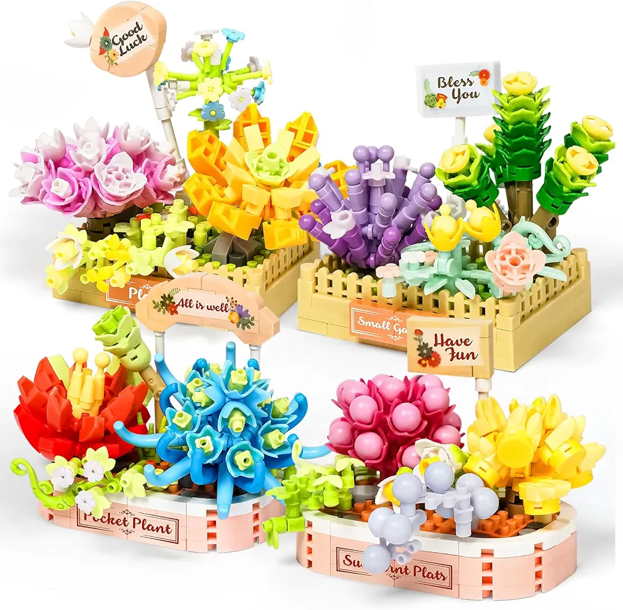 Succulent Flowers Botanical Micro Building Blocks Sets, MOC Plants Creative Mini Building Toys Model Set for Girls, Gifts for Adults Women, Mini Building Block Sets Plants Office Home Decor (1255 Pcs)