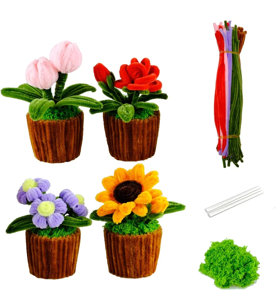 AJKJ Pipe Cleaners Craft Supplies with tutorial,DIY Plants,DIY Rose,Sunflower,Tulip,Puff Flower for Birthday Gift, Holiday Decoration, Creative Decoration